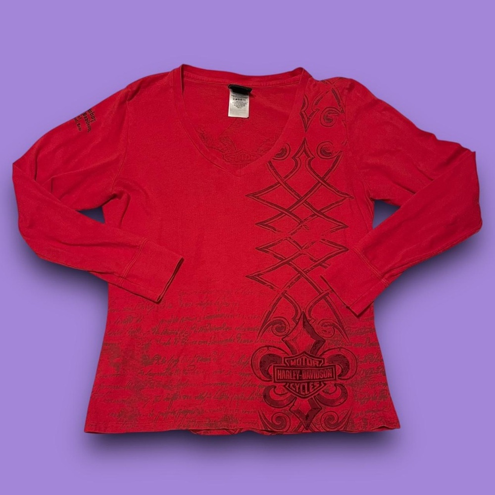 Harley Davidson Red Longsleeve Top Velvet Graphics Size XL Mcbling Biker Grunge
